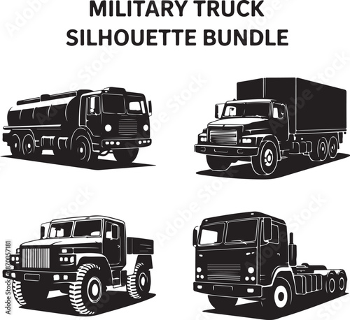 blackandwhite illustration of various military trucks