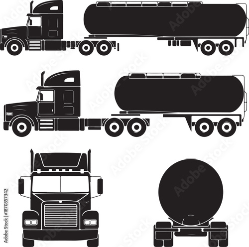 blackandwhite silhouettes of a large truck with tanker trailer