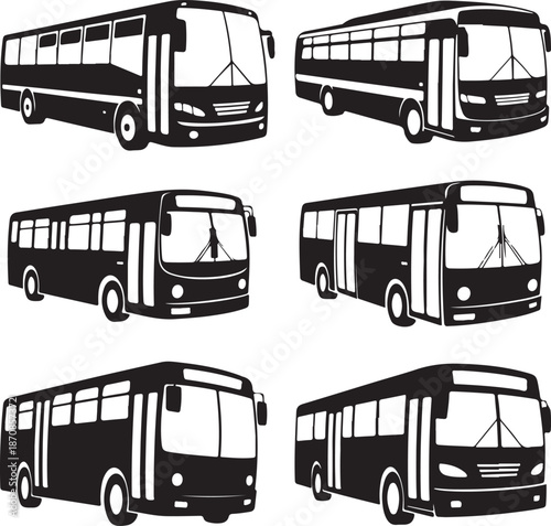 blackandwhite bus silhouettes in different angles and positions