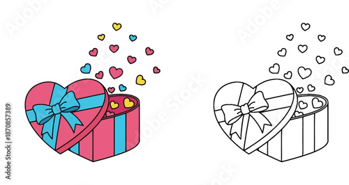 Open heart shaped gift box with floating hearts vector illustration for coloring book page and Valentine's Day card design