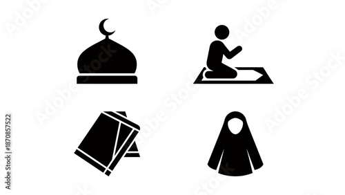 Islamic Icons Set Mosque Dome Praying Person Quran and Hijab. Vector Illustration. EPS Editable