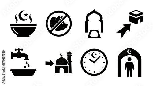 Islamic Icons Set Representing Religious Practices and Symbols. Vector Illustration. EPS Editable