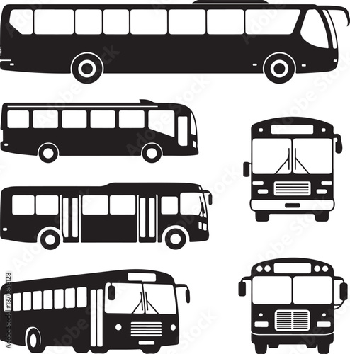 blackandwhite bus silhouettes in various views and angles side front and back