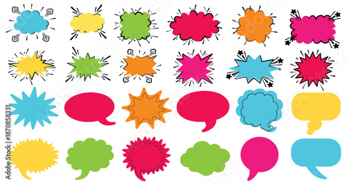 Comic burst, speech bubble, Colourful and text box silhouettes in vector style. essential graphic elements set for comic design, pop art, dialog highlights, and creative retro style storytelling