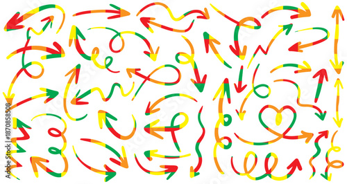 Crayon drawn funky arrows, whimsical bold doodle lines. Colorful squiggle thick linear arrows. Hand drawn freehand different curved lines, swirls, heart and zigzags. Cute girly direction pointers.