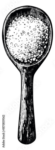 Hand drawn line art illustration of a spoon with sea salt depicting a seasoning for food preparation