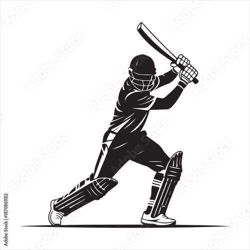 A black and white illustration of a cricket player ready to hit