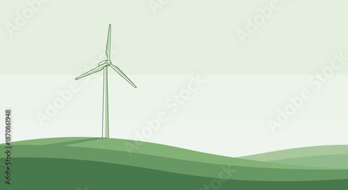 illustration of a wind turbine on rolling green hills under a pale sky emphasizing renewable
