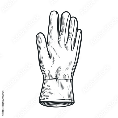 Single black and white sketch of a protective rubber glove, ideal for showcasing safety equipment, household chores, or medical use in educational materials and workrelated publications.
