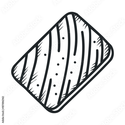 Hand drawn black and white salmon fillet graphic with distinct textured stripes and subtle dots, perfect for seafood menus, healthy food blogs, or restaurant advertising.