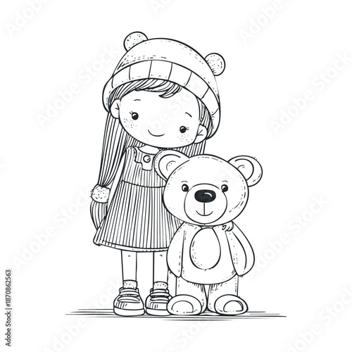 Adorable young girl in a cozy bear hat and striped outfit standing happily beside her beloved teddy bear, perfect for childrens books or educational materials.