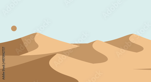 Minimalist Digital Illustration of Desert Dunes with Sun and Sky in a Stylized Landscape