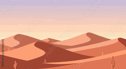 Desert Landscape with Rolling Sand Dunes and Cactus Under a Soft Sunset Sky