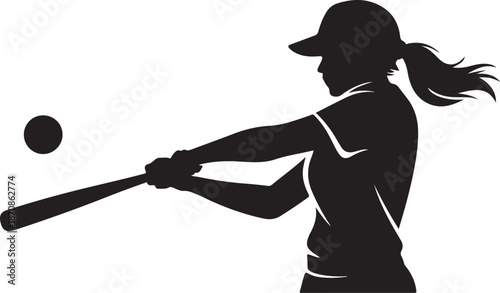 Silhouette of a female softball player swinging a bat at a ball