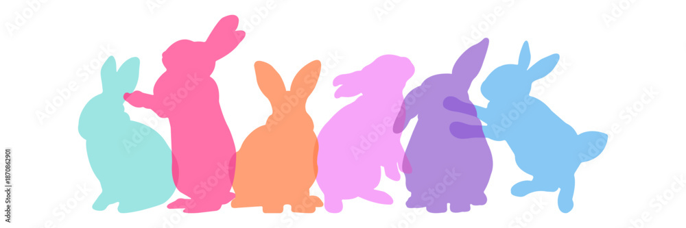 Obraz premium Colorful Easter vector illustration with cute bunny silhouettes in soft pastel tones on white background. Perfect for kids posters, greeting cards, invitations, prints and festive holiday designs.
