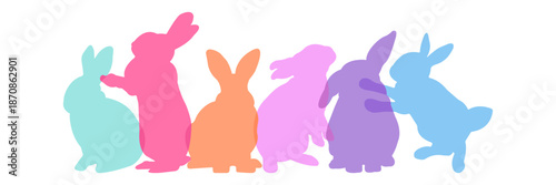 Colorful Easter vector illustration with cute bunny silhouettes in soft pastel tones on white background. Perfect for kids posters, greeting cards, invitations, prints and festive holiday designs.