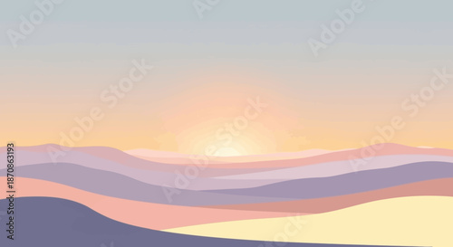 Abstract sunset over layered mountains with pastel colors creating a calming landscape scene