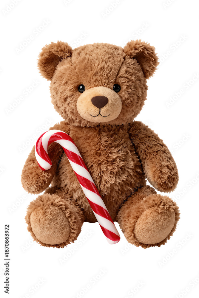 Fototapeta premium Brown teddy bear holding red and white candy cane.