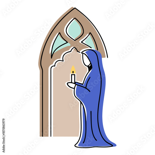 Muslim woman holding candle while standing by arched window  