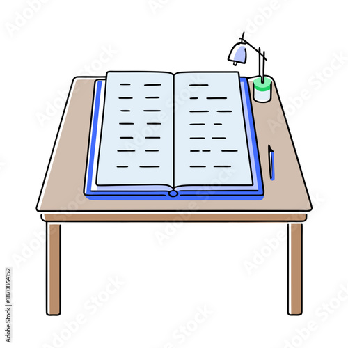 Open book on desk with desk lamp and pen in minimalist style  