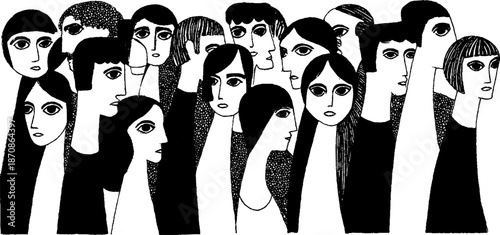 Black and white abstract portraits of diverse individuals with expressive eyes