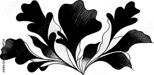 Intricate black and white floral design with stylized leaf patterns