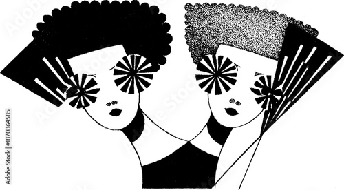 Abstract illustration of two females with geometric hairstyles and sunglasses