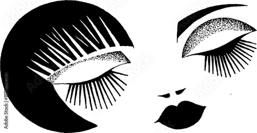Stylized black and white abstract female face with closed eyes and bold features