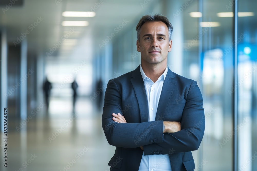 Fototapeta premium Confident Middle Aged Businessman in Smart Attire Posing with Arms Crossed in Workplace Setting