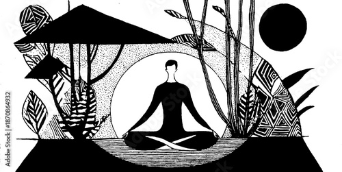 Monochrome meditation: abstract art of person practicing yoga in nature-inspired setting