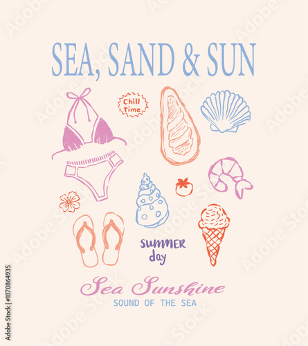 Hand drawn Seashell artwork. Beach modern abstract art. Sea you at the beach. the beach club vintage holiday t print. summer t shirt design. women's vector design.