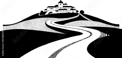 Serene landscape with winding road leading to hilltop village in black and white