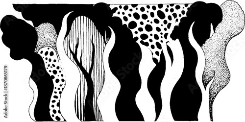 Abstract black and white forest with textured trees and organic shapes