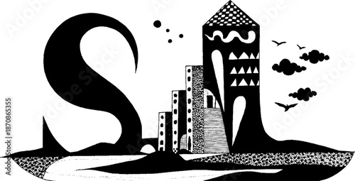 Surreal black and white landscape with abstract geometric structures and flying birds