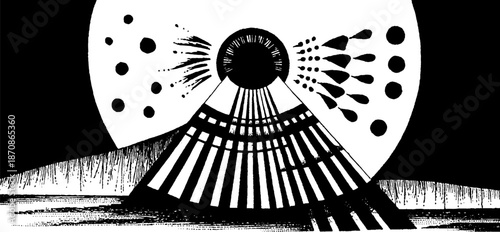 Abstract black and white geometric design featuring symmetrical patterns and central circle