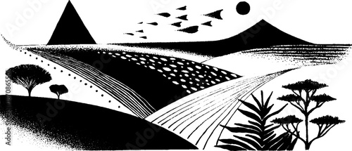 Monochrome solitude: minimalist landscape with geometric shapes and trees