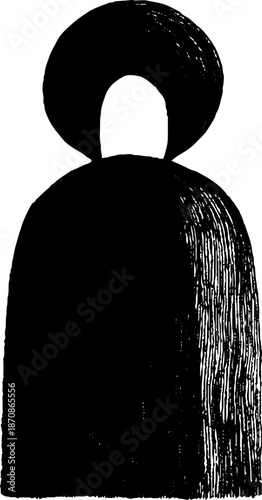 Abstract black and white silhouette of cloaked figure with halo