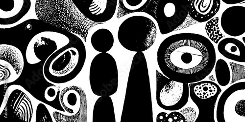 Abstract black and white artwork with surreal figures and eye motifs