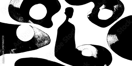 Abstract silhouette of human figure amid black and white organic shapes