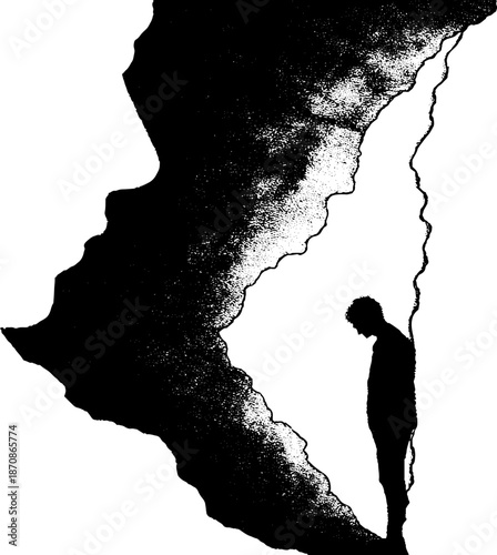 Silhouette of a young male in thoughtful pose by artistic torn paper design