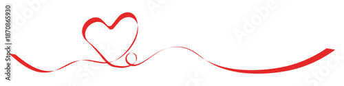 Continuous drawing of a heart in one line in the form of a red ribbon on a transparent background. Romantic design.  Vector illustration