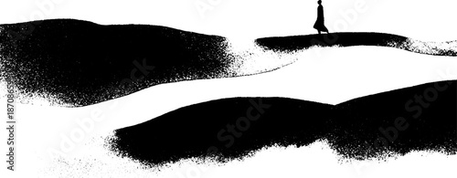 Silhouette of lone figure walking on abstract black and white landscapes