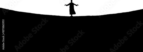 Silhouette of figure on hilltop with outstretched arms against white sky