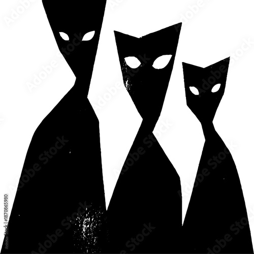 Abstract black and white shapes featuring mysterious alien figures