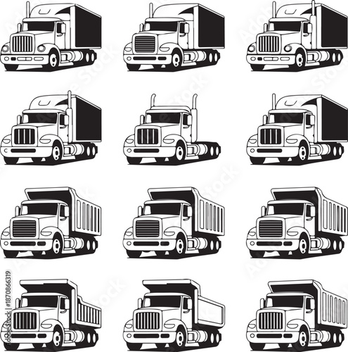 semi trucks with different trailer types on white background