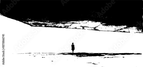 Silhouette of person in vast monochrome landscape scene