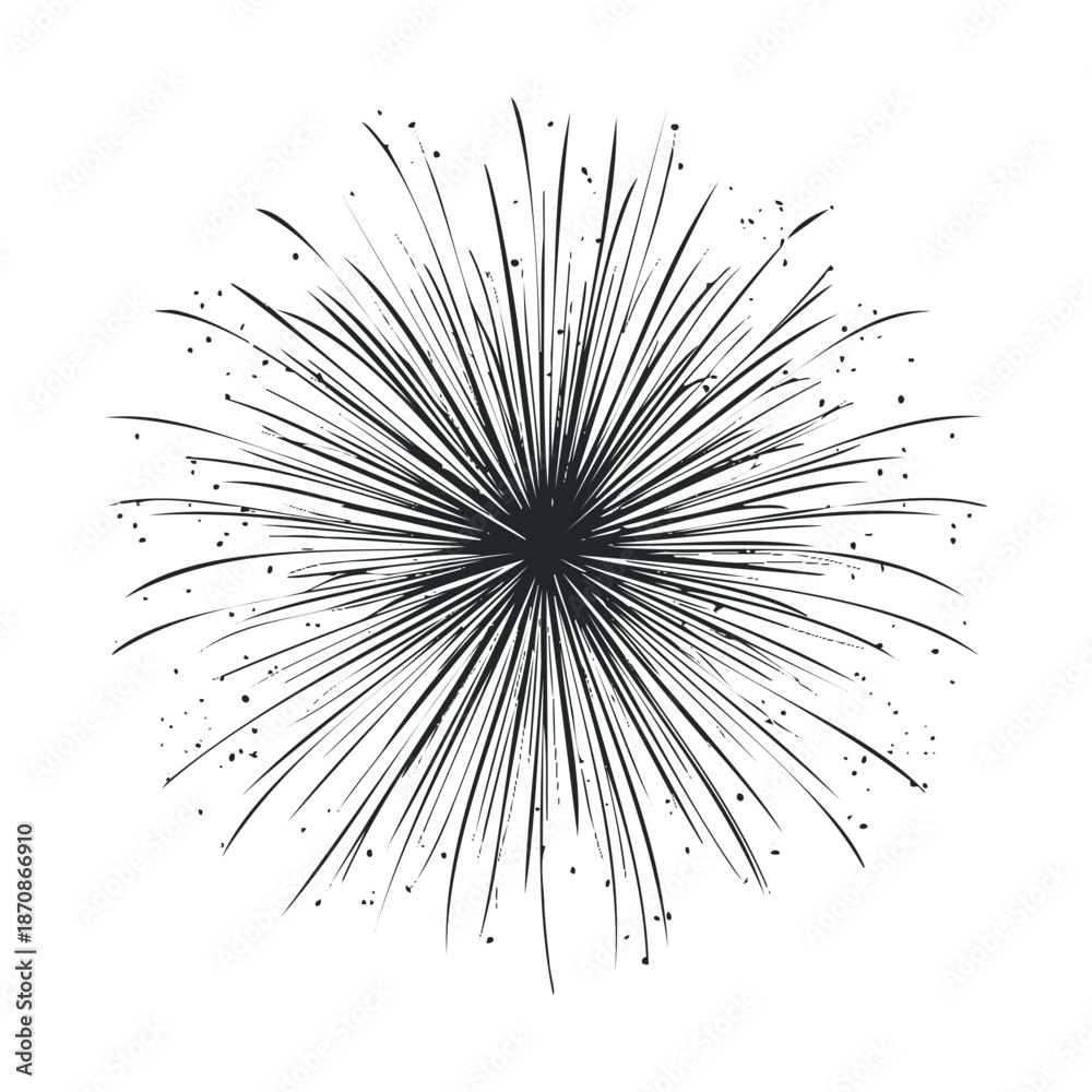 Naklejka premium Dynamic monochromatic starburst effect graphic depicting an abstract explosion, suitable for energetic visual branding, marketing campaigns, and digital media.