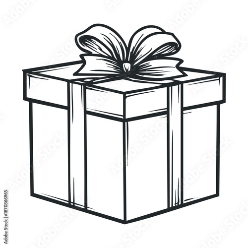 Graphic line drawing of a wrapped present box with an elaborate ribbon bow on top perfect for conveying messages of celebration, surprise, and giving during festive seasons or special