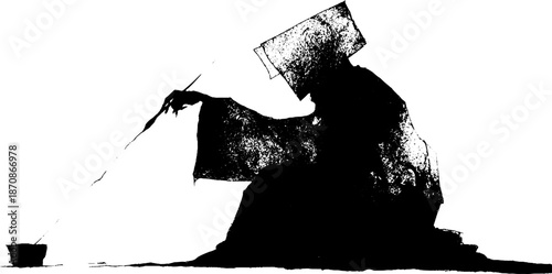 Silhouette of person in traditional garb fishing with rod on white background