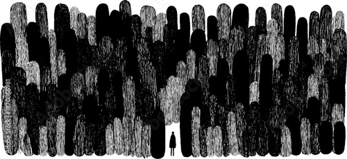 Silhouette of a lone figure among abstract black and gray shapes